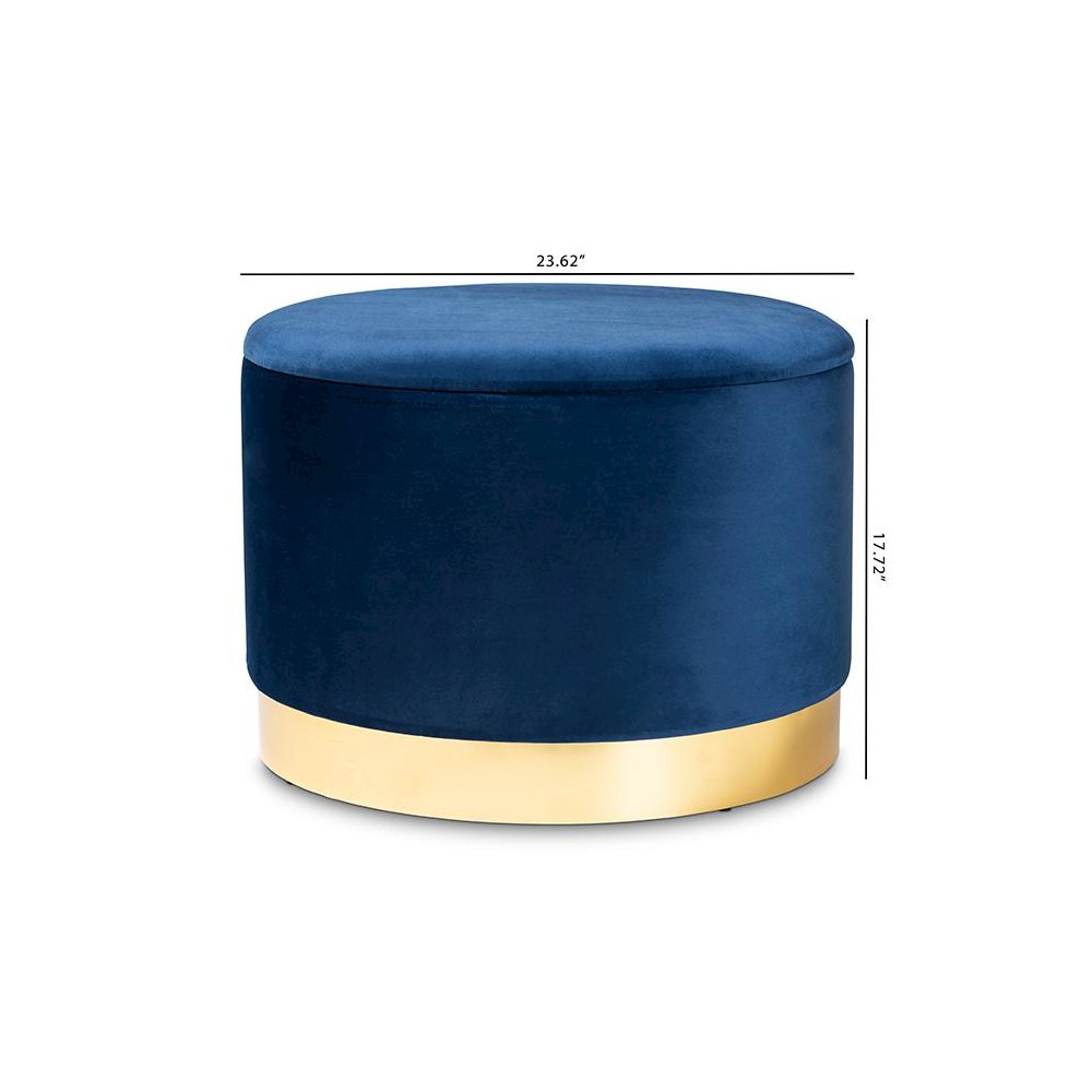 Luxe Navy Blue Velvet Fabric Upholstered Gold Finished Storage Ottoman