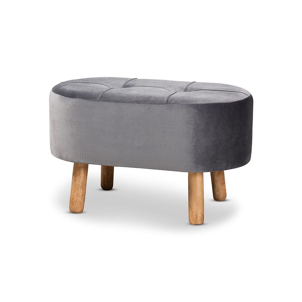 Simone Mid-Century Modern Grey Velvet Fabric Upholstered Wood Ottoman