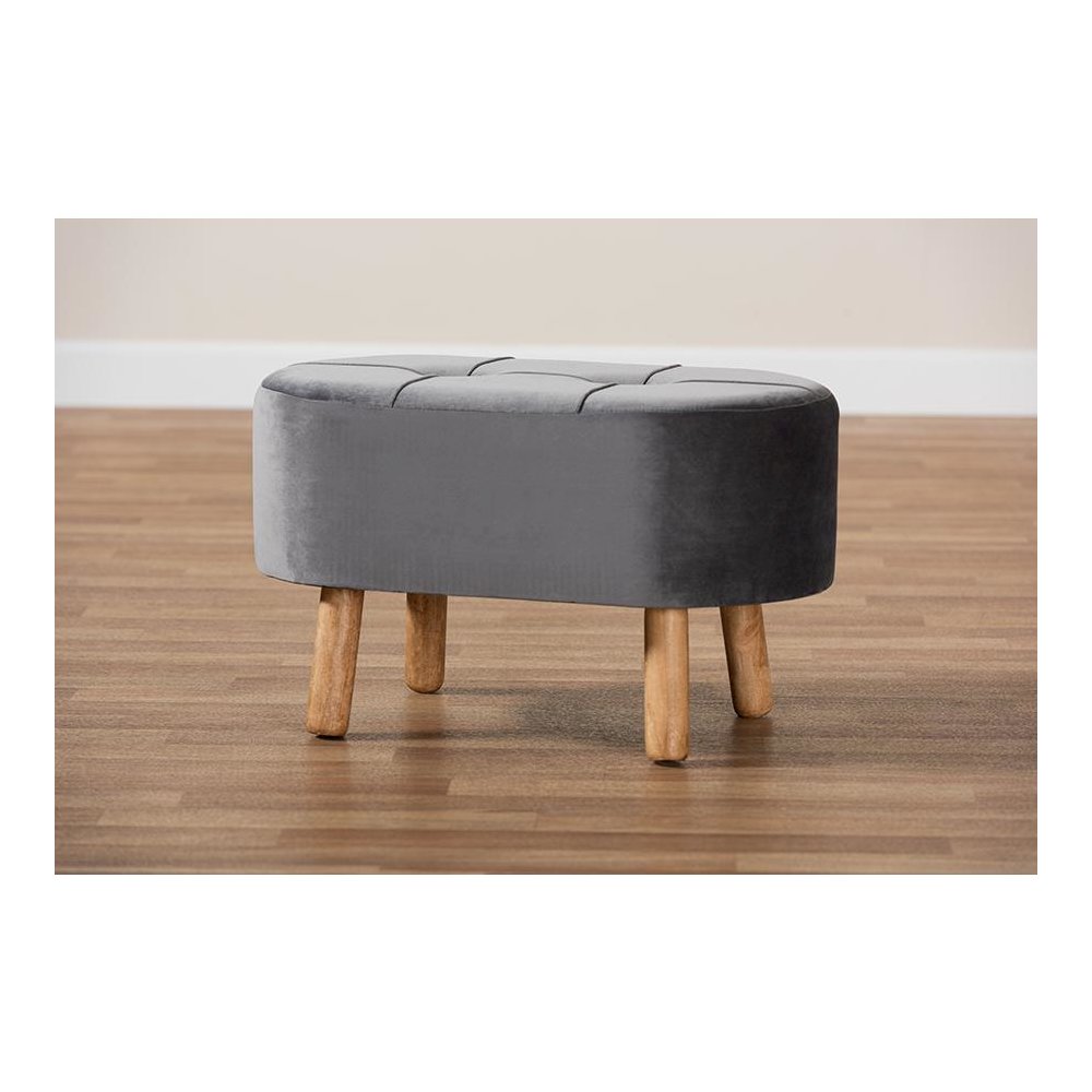 Simone Mid-Century Modern Grey Velvet Fabric Upholstered Wood Ottoman