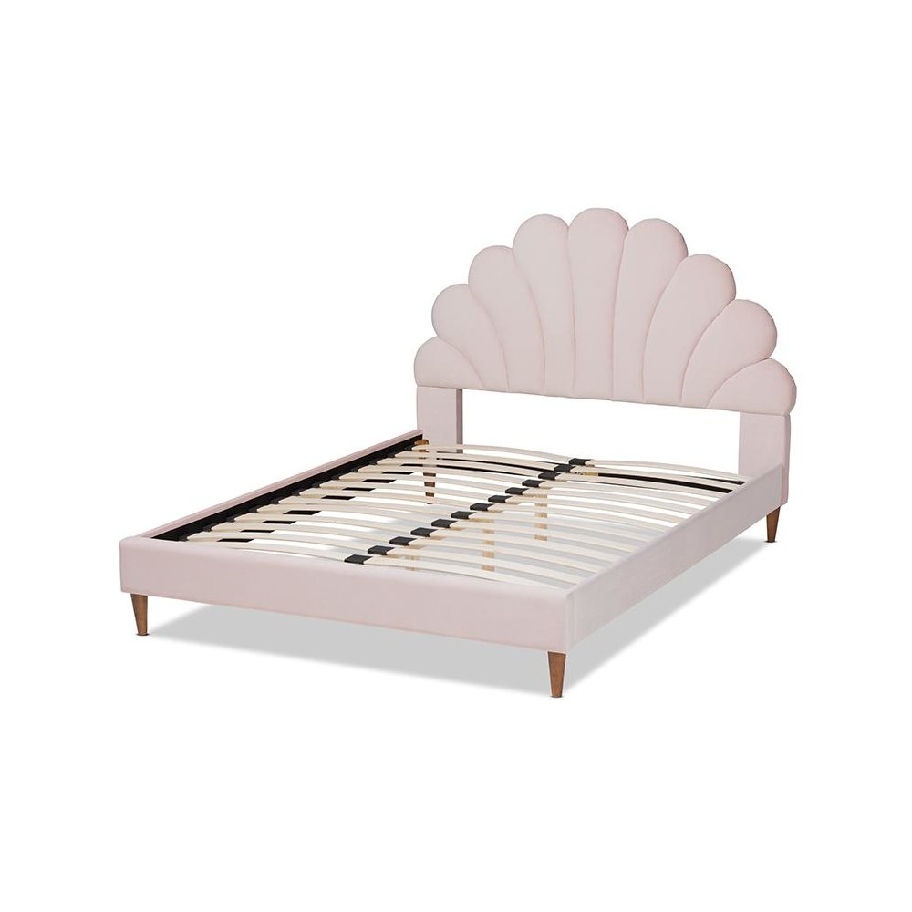 Walnut Brown Finished Wood Queen Size Seashell Shaped Platform Bed