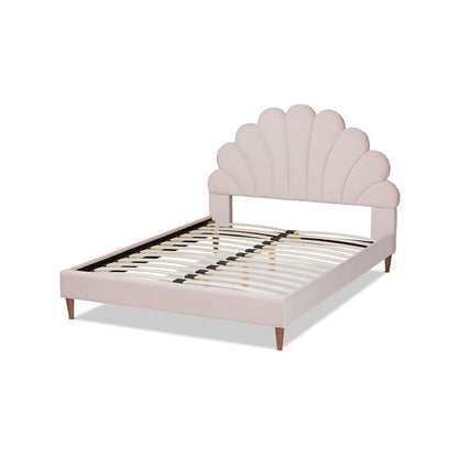 Walnut Brown Finished Wood Queen Size Seashell Shaped Platform Bed
