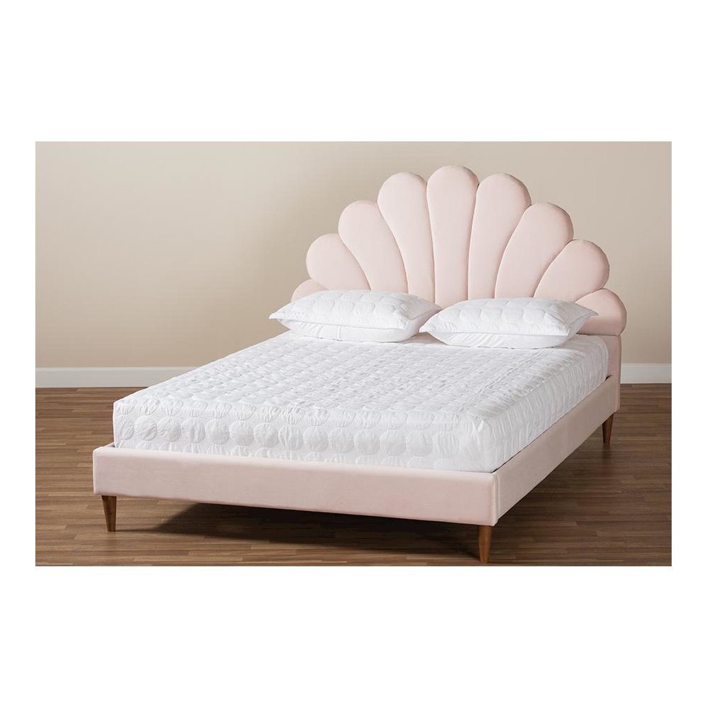 Walnut Brown Finished Wood Queen Size Seashell Shaped Platform Bed
