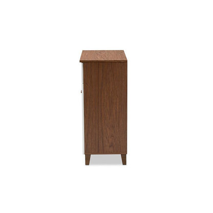 White and Walnut Finished 4-Shelf Wood Shoe Storage Cabinet with Drawer