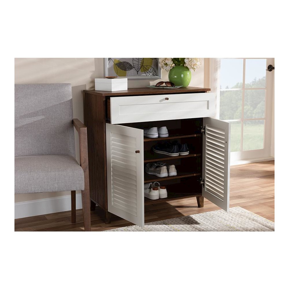 White and Walnut Finished 4-Shelf Wood Shoe Storage Cabinet with Drawer