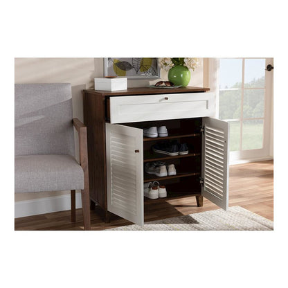 White and Walnut Finished 4-Shelf Wood Shoe Storage Cabinet with Drawer