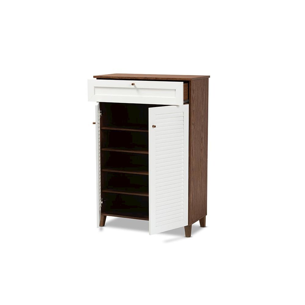 White and Walnut Finished 5-Shelf Wood Shoe Storage Cabinet with Drawer