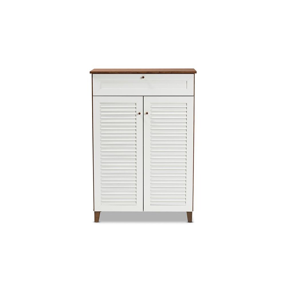 White and Walnut Finished 5-Shelf Wood Shoe Storage Cabinet with Drawer