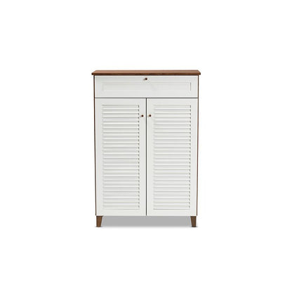 White and Walnut Finished 5-Shelf Wood Shoe Storage Cabinet with Drawer
