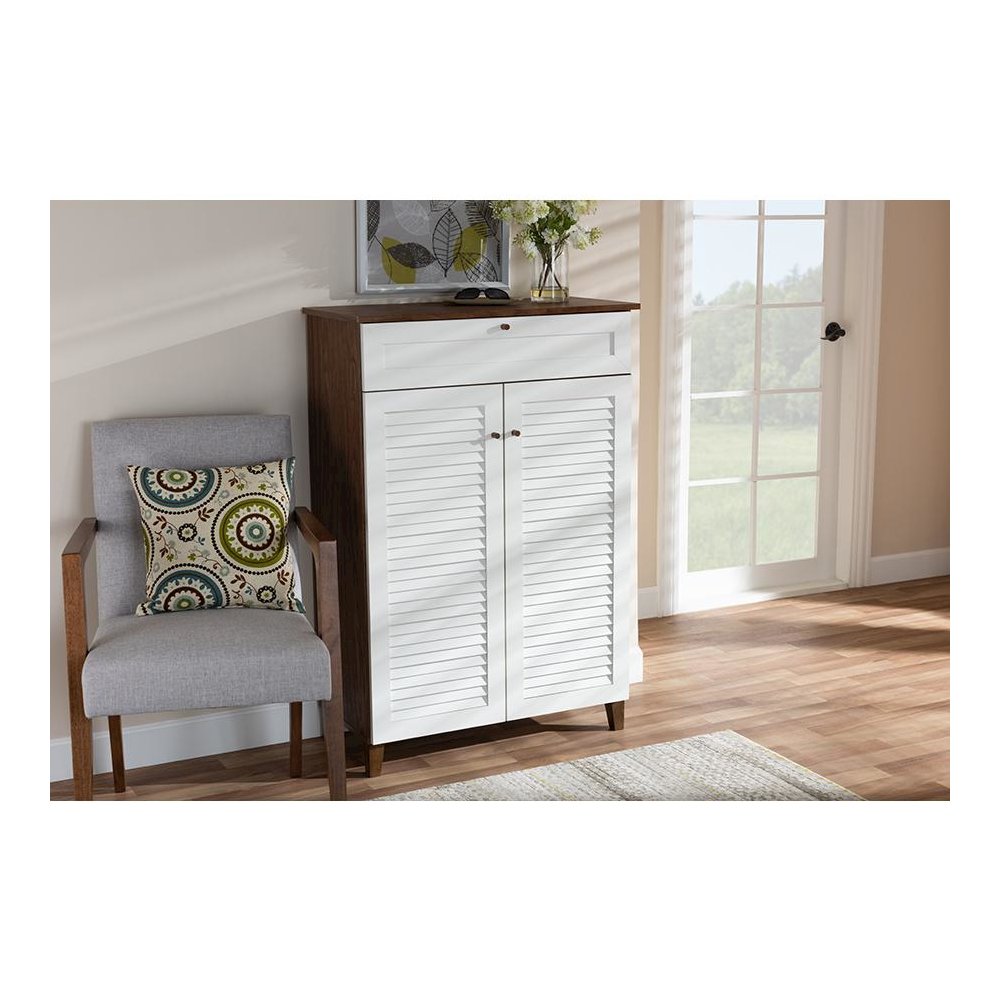 White and Walnut Finished 5-Shelf Wood Shoe Storage Cabinet with Drawer