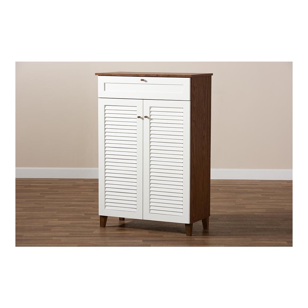 White and Walnut Finished 5-Shelf Wood Shoe Storage Cabinet with Drawer
