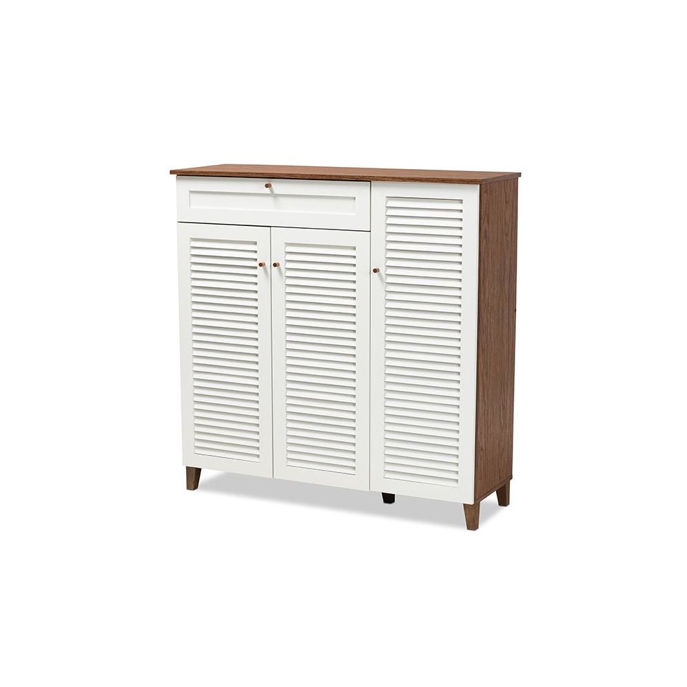 Walnut Finished 11-Shelf Wood Shoe Storage Cabinet with Drawer