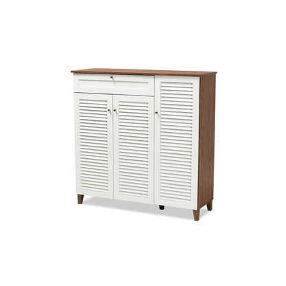 Walnut Finished 11-Shelf Wood Shoe Storage Cabinet with Drawer
