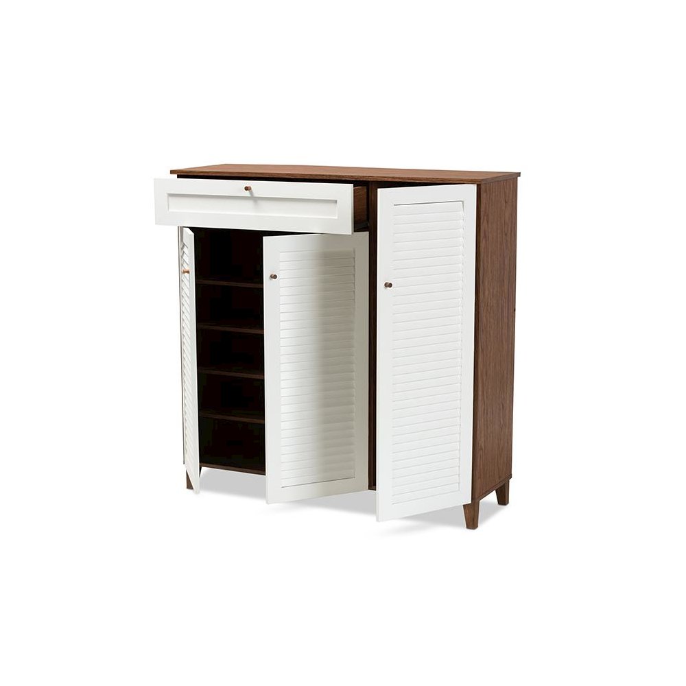 Walnut Finished 11-Shelf Wood Shoe Storage Cabinet with Drawer