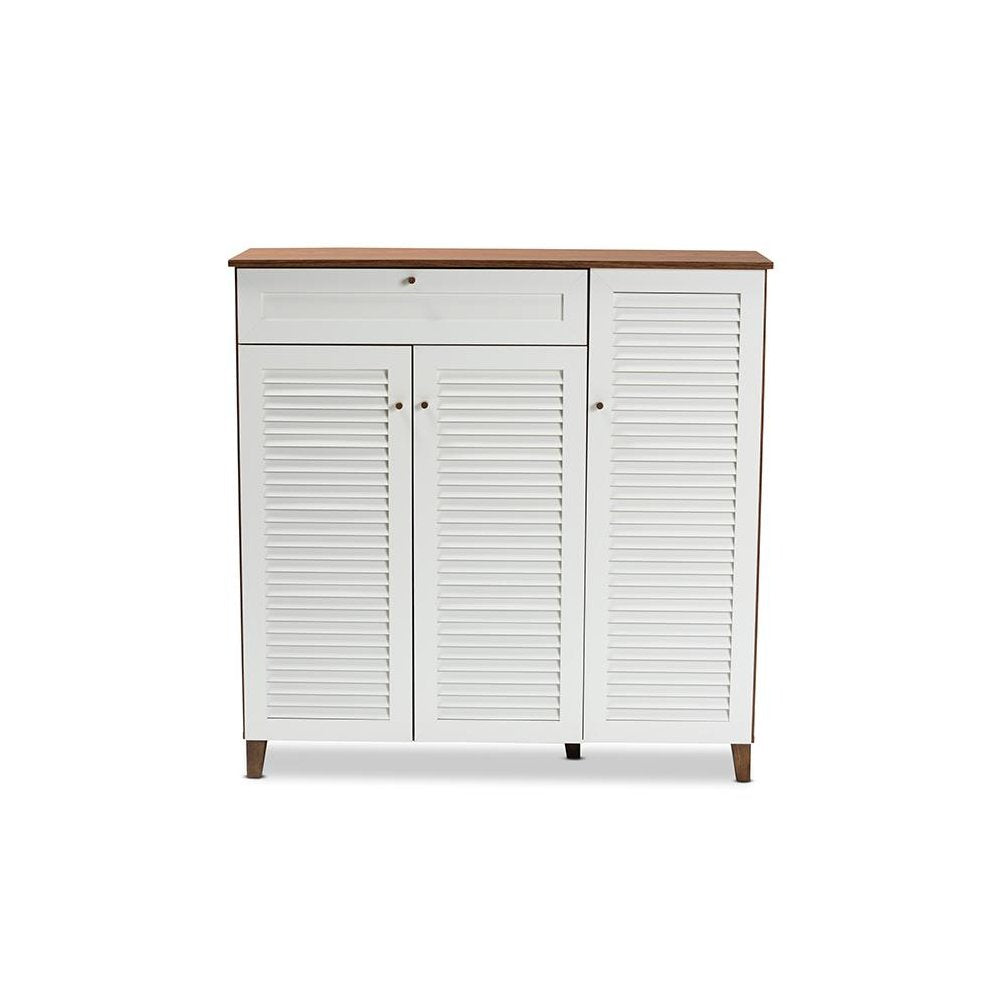Walnut Finished 11-Shelf Wood Shoe Storage Cabinet with Drawer