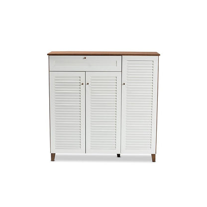 Walnut Finished 11-Shelf Wood Shoe Storage Cabinet with Drawer