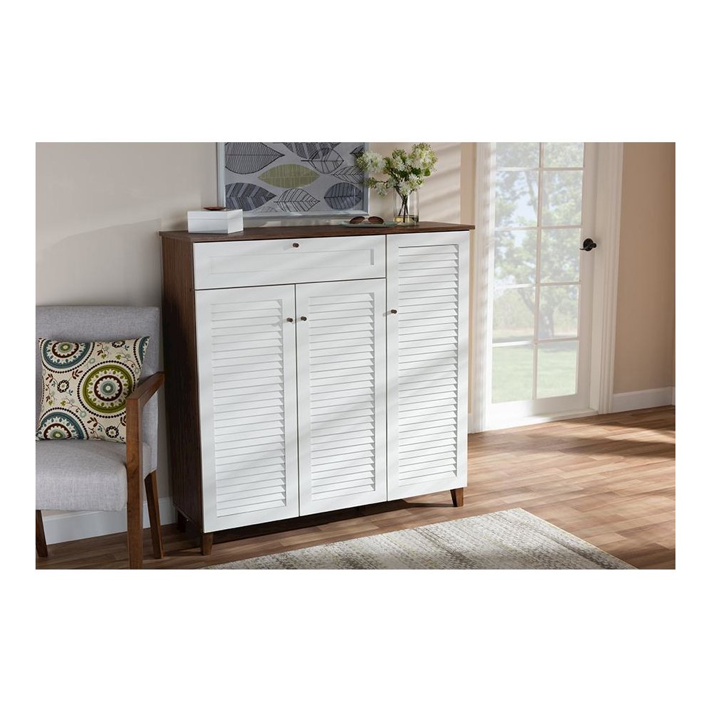 Walnut Finished 11-Shelf Wood Shoe Storage Cabinet with Drawer