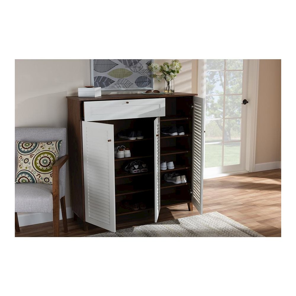 Walnut Finished 11-Shelf Wood Shoe Storage Cabinet with Drawer