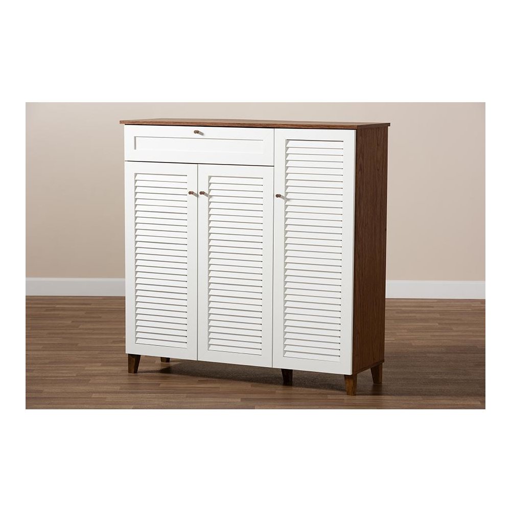 Walnut Finished 11-Shelf Wood Shoe Storage Cabinet with Drawer