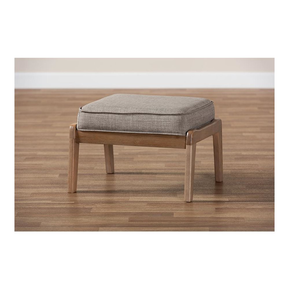 Light Grey Fabric Upholstered Antique Oak Finished Wood Ottoman