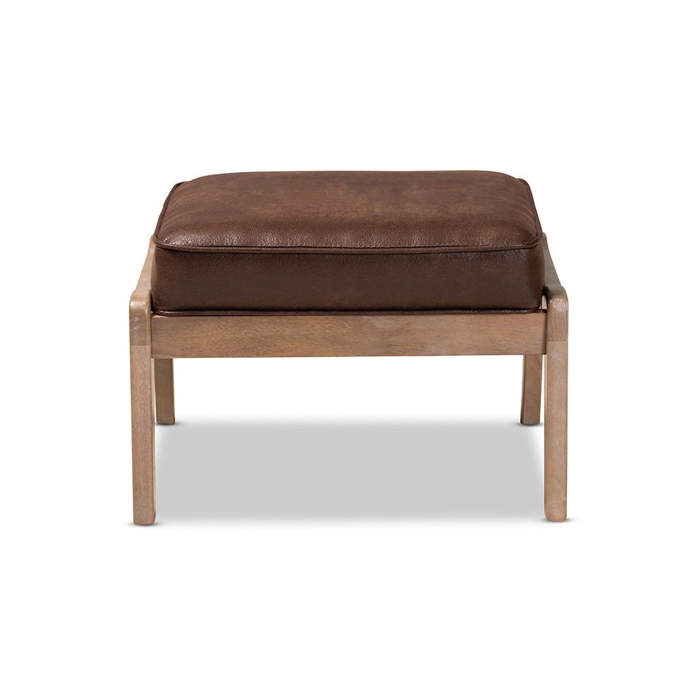Leather Effect Fabric Upholstered Antique Oak Finished Wood Ottoman