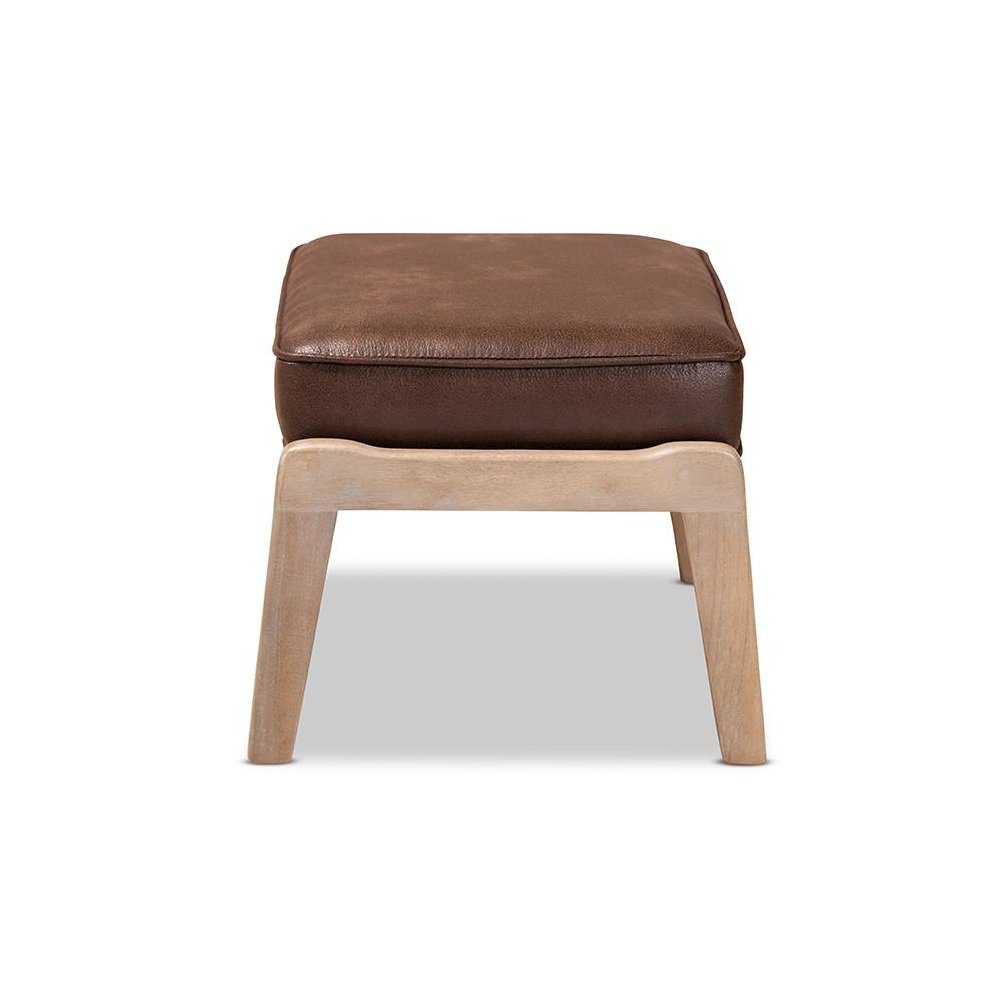 Leather Effect Fabric Upholstered Antique Oak Finished Wood Ottoman