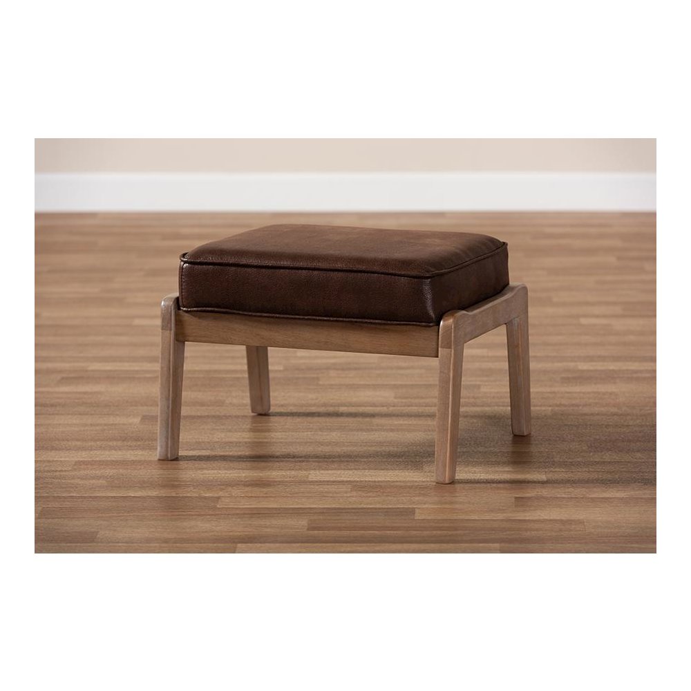 Leather Effect Fabric Upholstered Antique Oak Finished Wood Ottoman