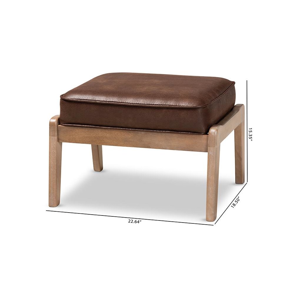 Leather Effect Fabric Upholstered Antique Oak Finished Wood Ottoman