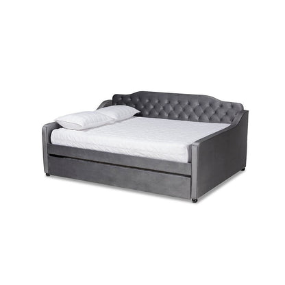 Grey Velvet Fabric Upholstered and Button Tufted Full Size Daybed with Trundle