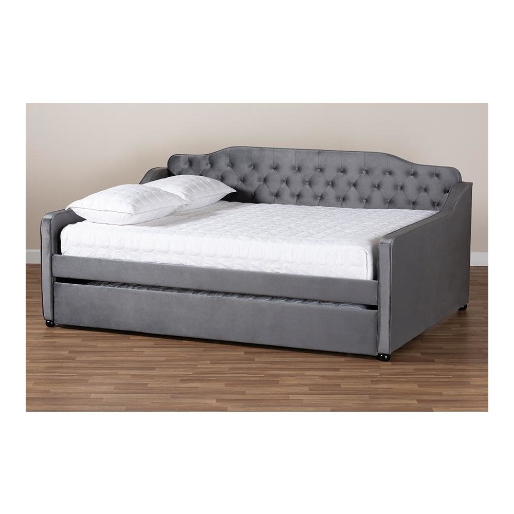 Grey Velvet Fabric Upholstered and Button Tufted Full Size Daybed with Trundle