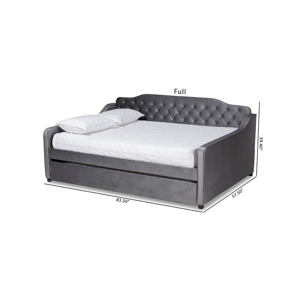Grey Velvet Fabric Upholstered and Button Tufted Full Size Daybed with Trundle