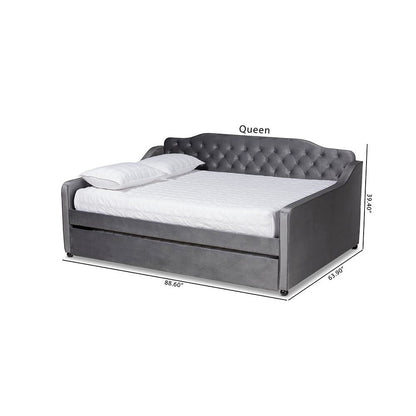 Grey Velvet Fabric Upholstered and Button Tufted Full Size Daybed with Trundle