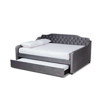 Grey Velvet Fabric Upholstered and Button Tufted Full Size Daybed with Trundle