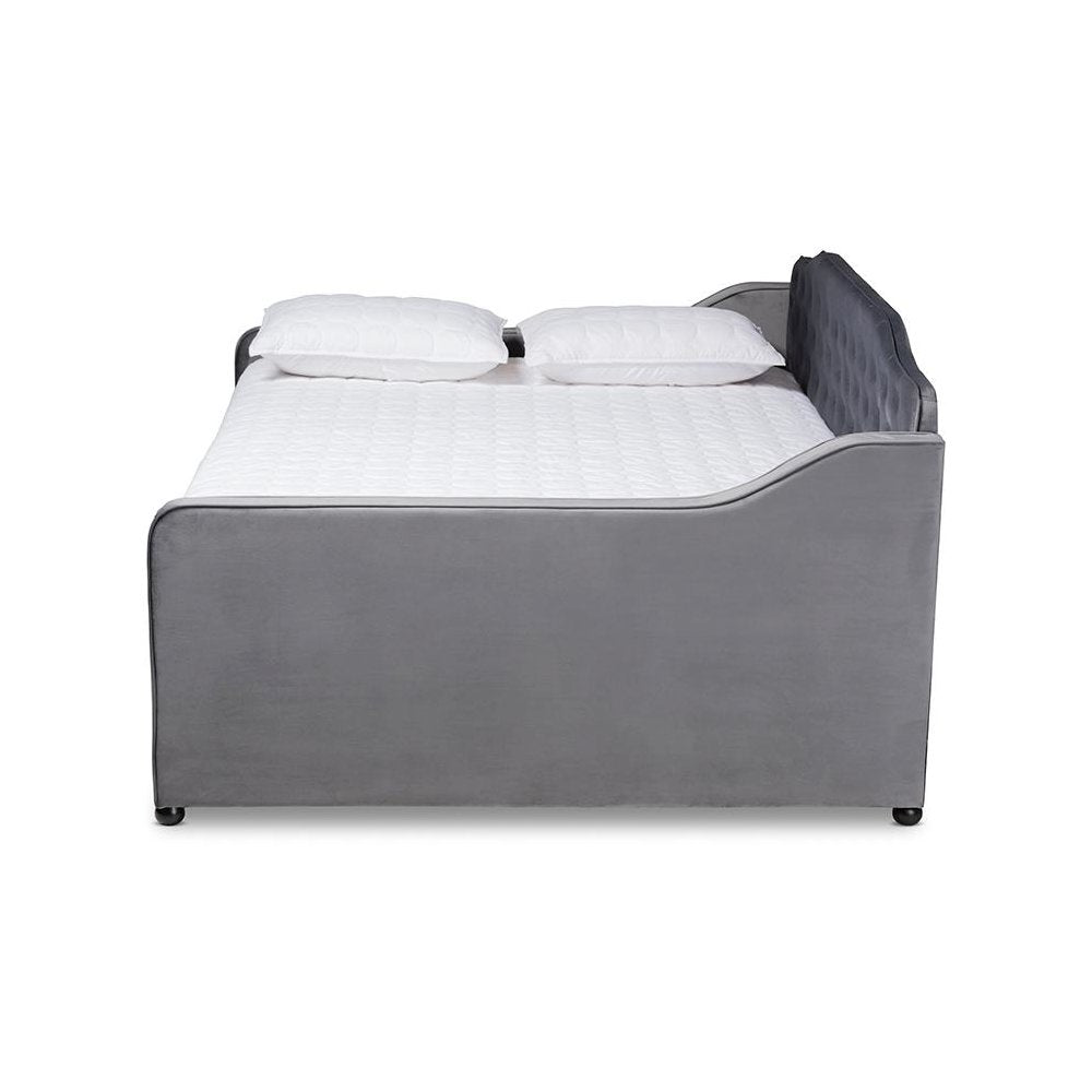 Grey Velvet Fabric Upholstered and Button Tufted Full Size Daybed with Trundle