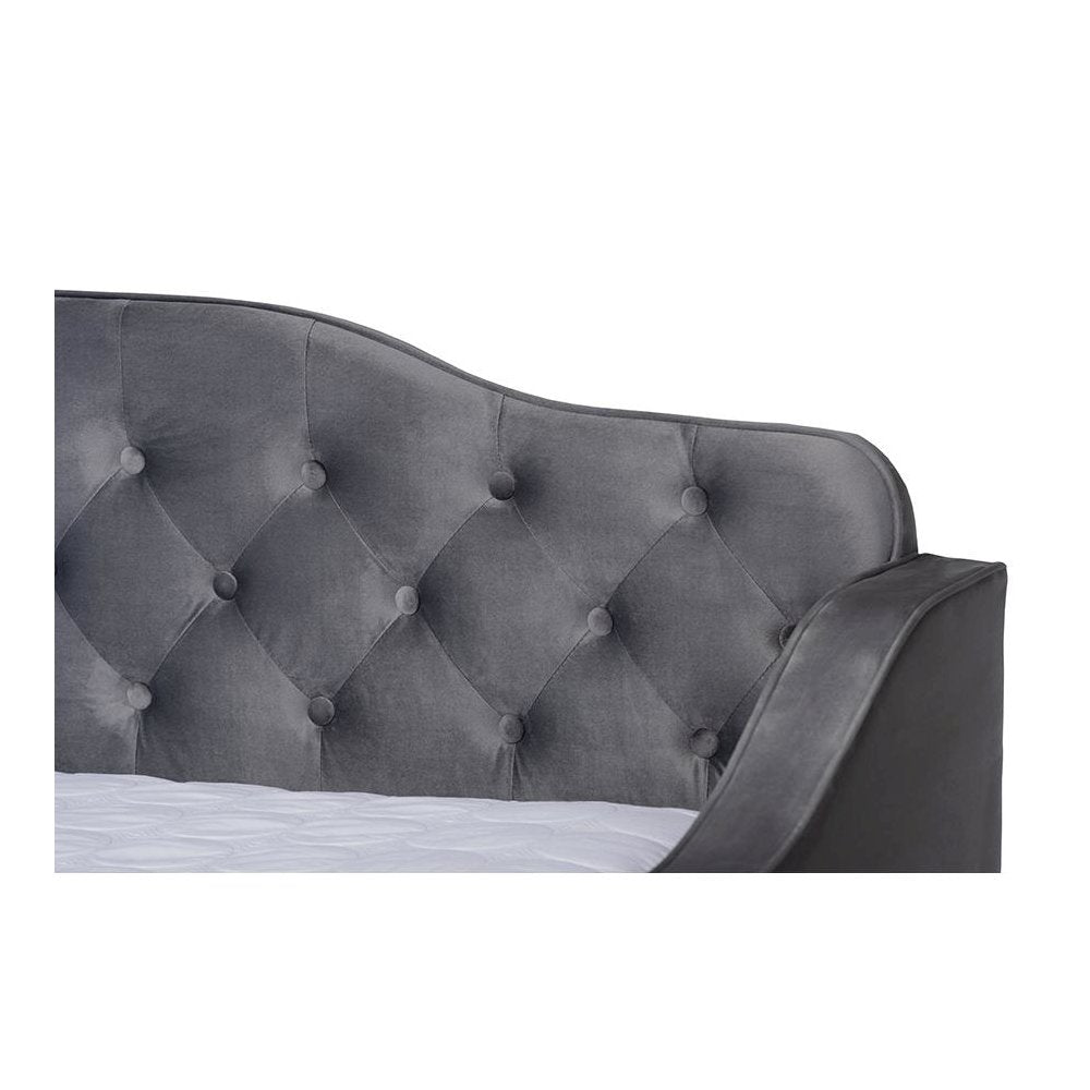 Grey Velvet Fabric Upholstered and Button Tufted Full Size Daybed with Trundle