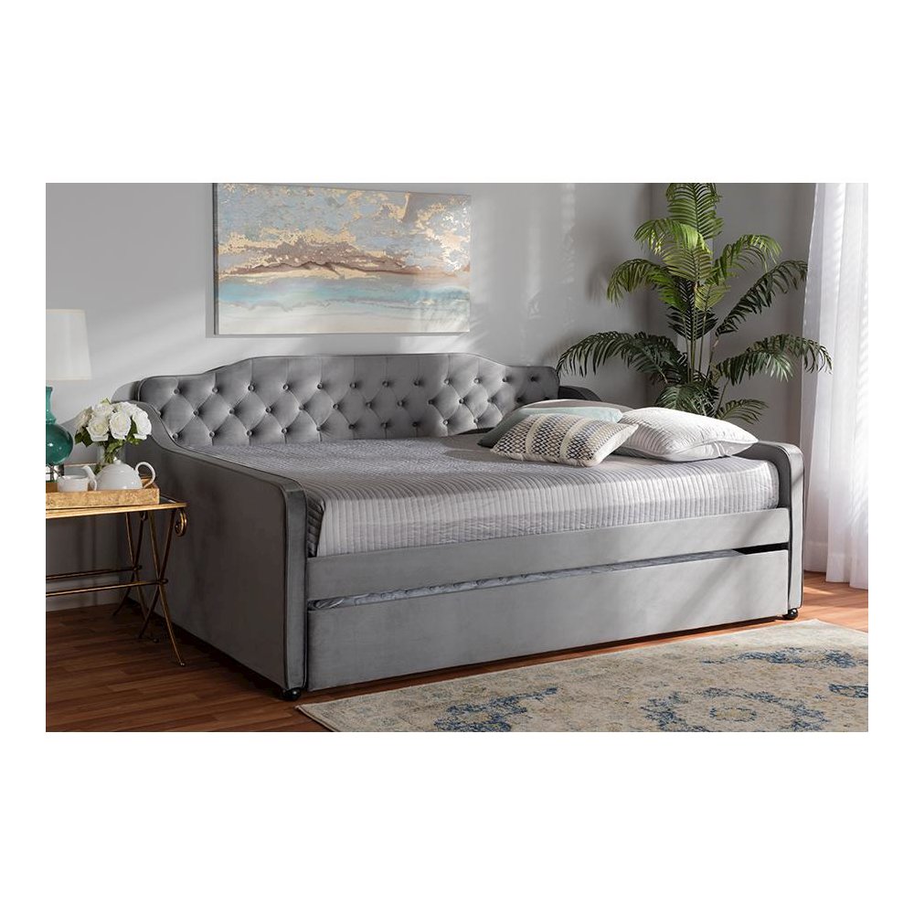 Grey Velvet Fabric Upholstered and Button Tufted Full Size Daybed with Trundle