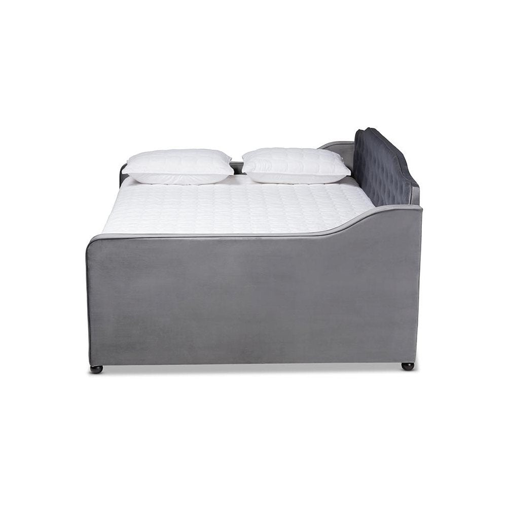 Grey Velvet Fabric Upholstered and Button Tufted Full Size Daybed