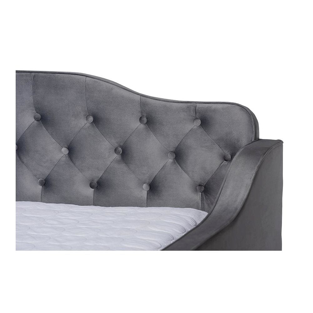 Grey Velvet Fabric Upholstered and Button Tufted Full Size Daybed