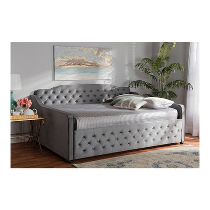 Grey Velvet Fabric Upholstered and Button Tufted Full Size Daybed