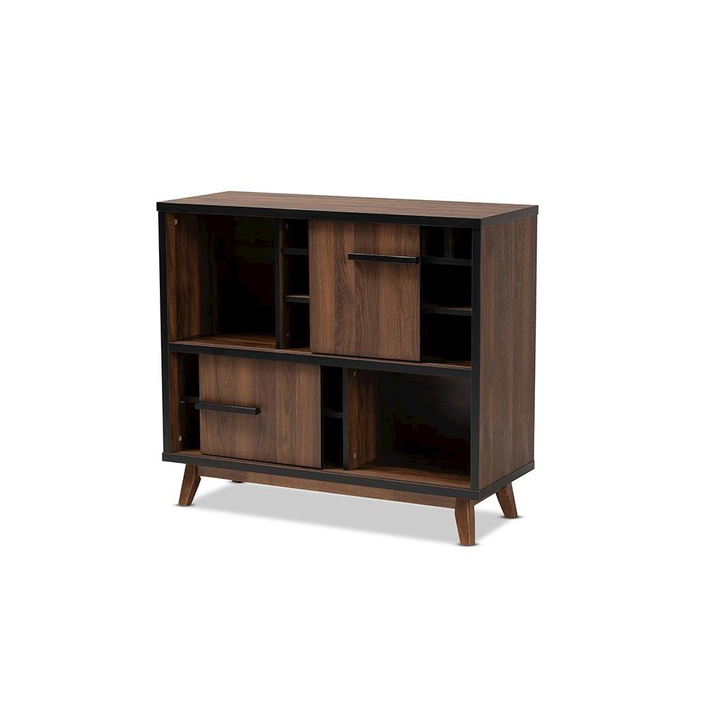 Two-Tone Walnut Brown and Black Finished Wood Wine Storage Cabinet