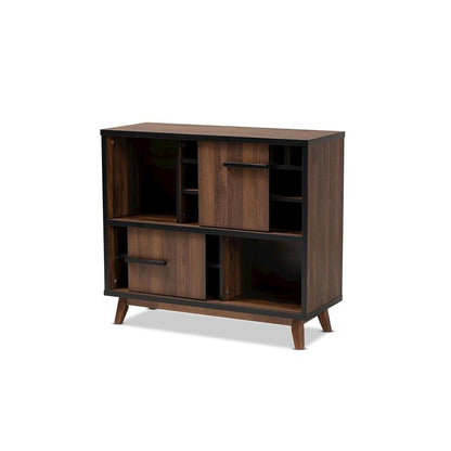Two-Tone Walnut Brown and Black Finished Wood Wine Storage Cabinet