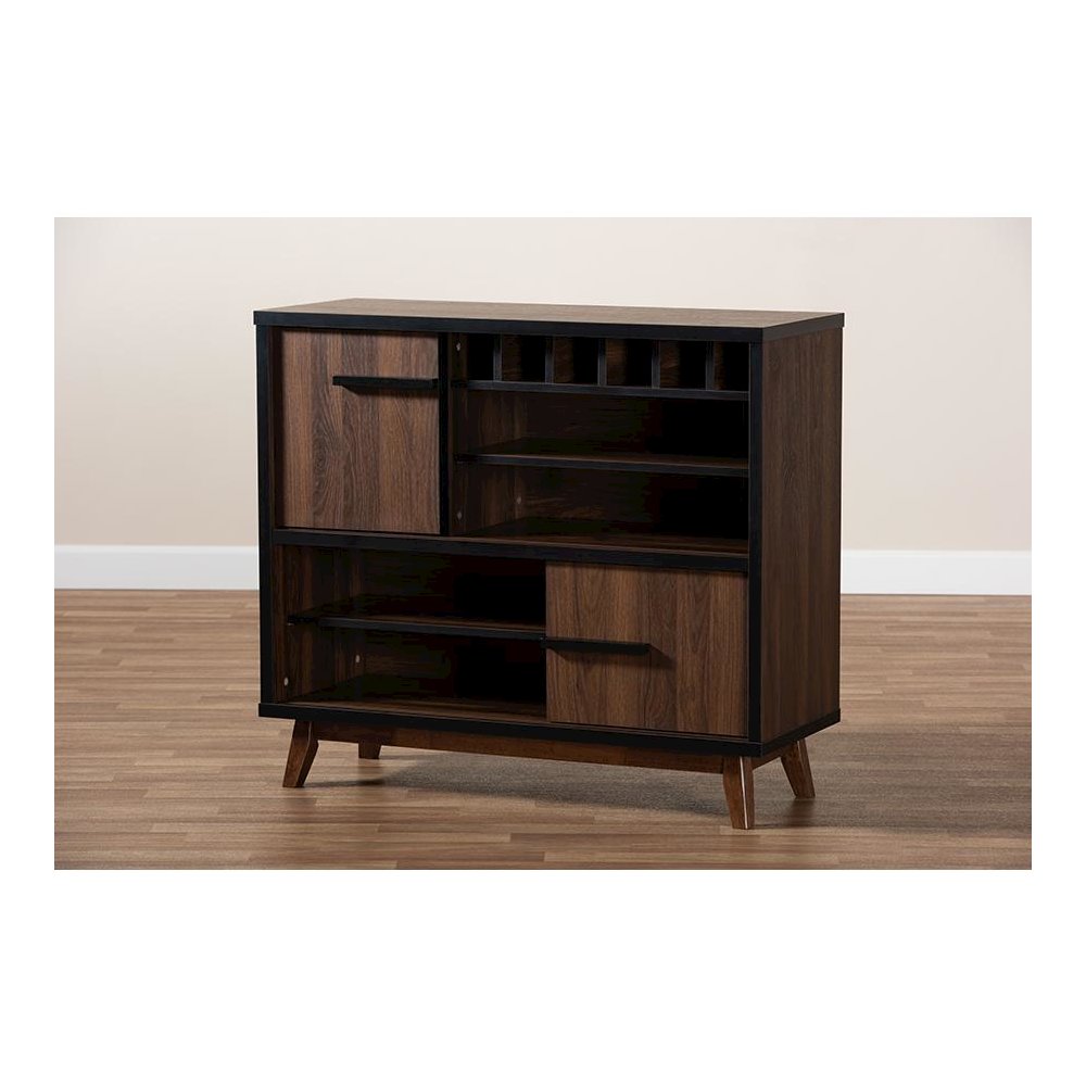 Two-Tone Walnut Brown and Black Finished Wood Wine Storage Cabinet