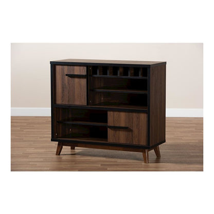 Two-Tone Walnut Brown and Black Finished Wood Wine Storage Cabinet