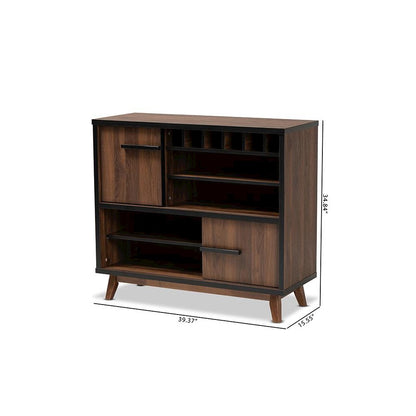 Two-Tone Walnut Brown and Black Finished Wood Wine Storage Cabinet