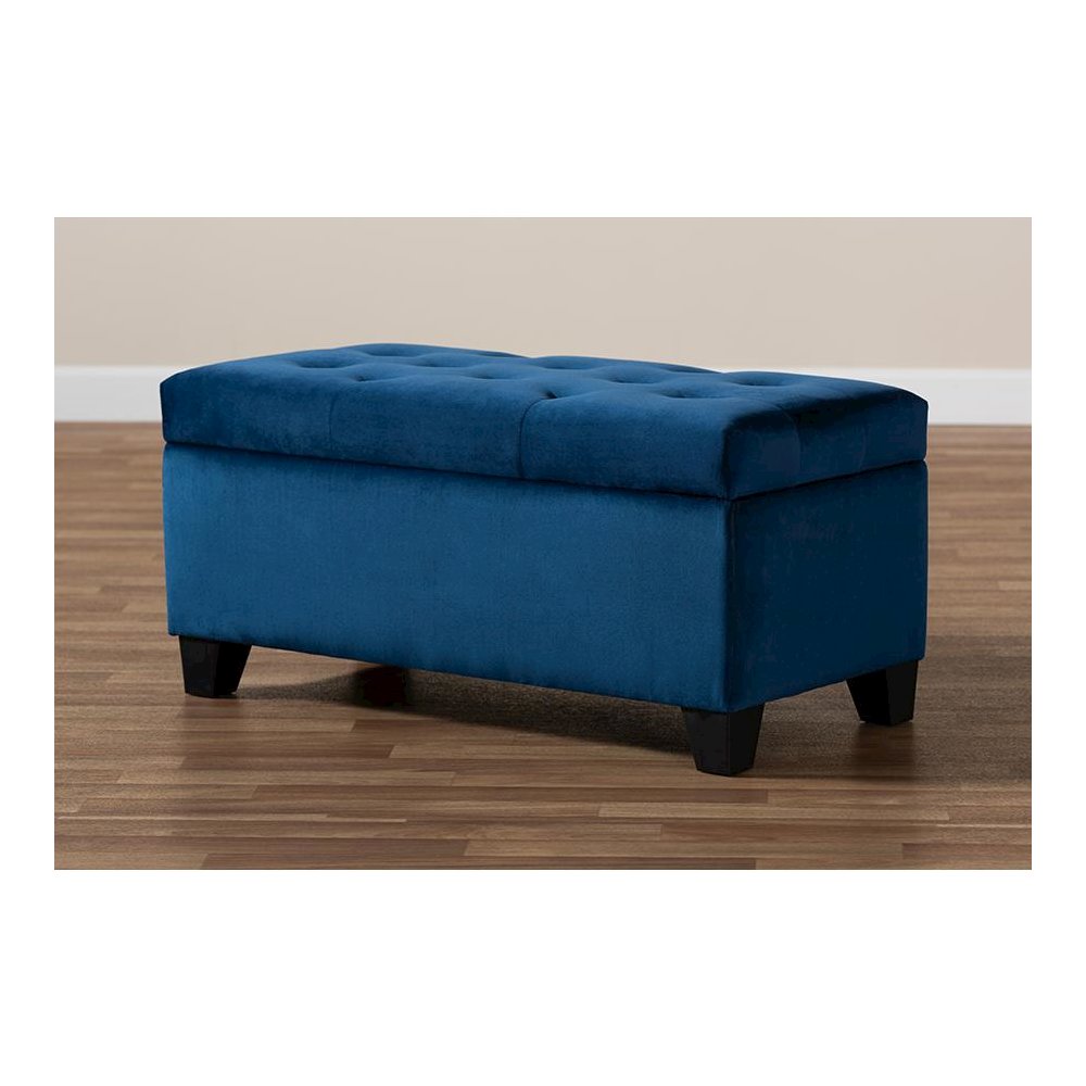 Navy Blue Velvet Fabric Upholstered Storage Ottoman