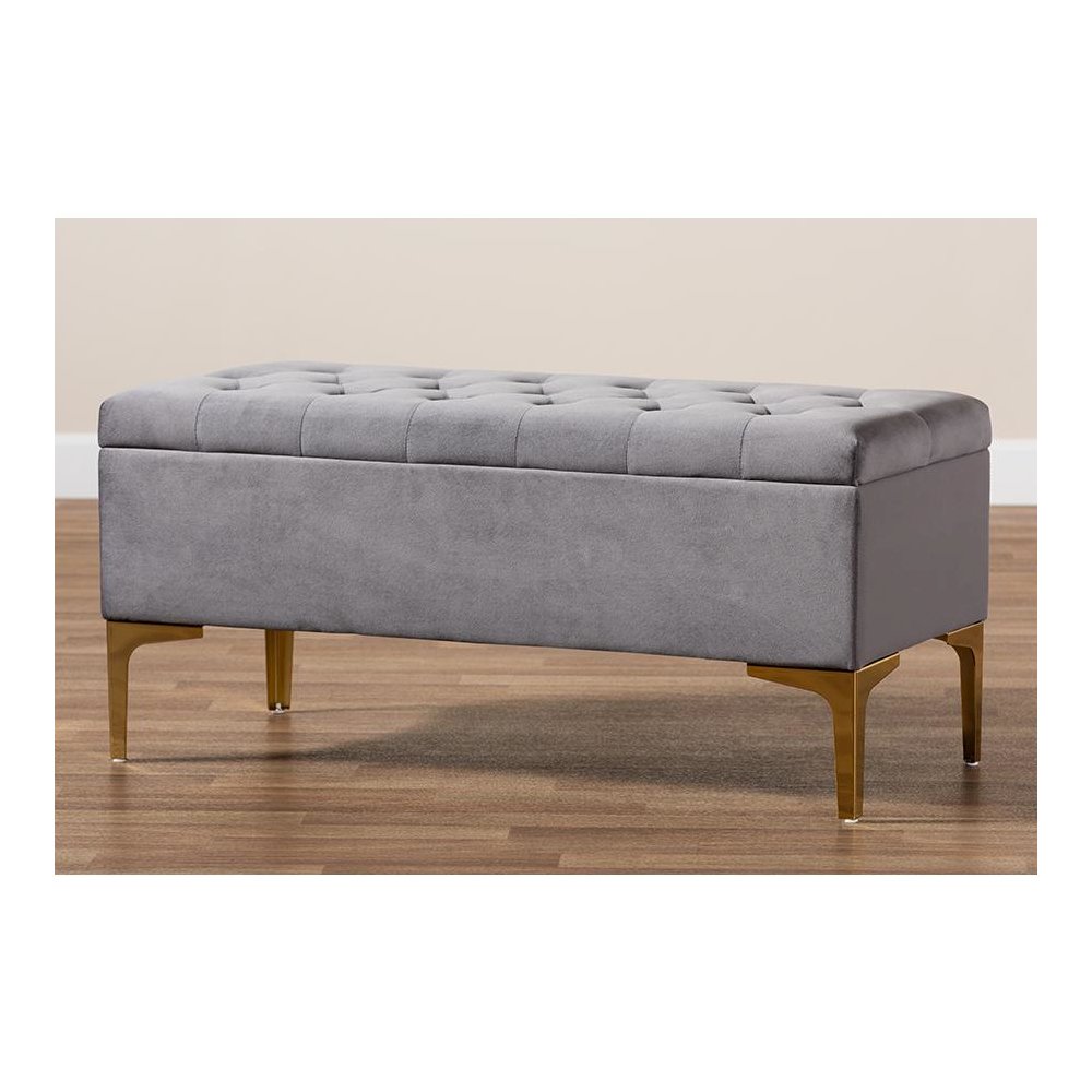 Luxe Grey Velvet Fabric Upholstered Gold Finished Button Tufted Storage Ottoman