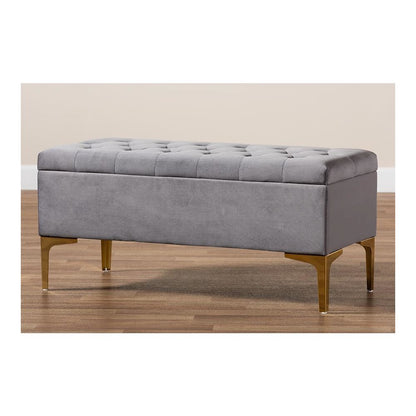 Luxe Grey Velvet Fabric Upholstered Gold Finished Button Tufted Storage Ottoman