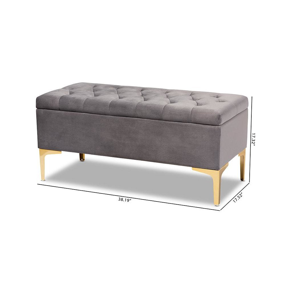 Luxe Grey Velvet Fabric Upholstered Gold Finished Button Tufted Storage Ottoman