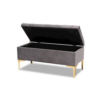 Luxe Grey Velvet Fabric Upholstered Gold Finished Button Tufted Storage Ottoman