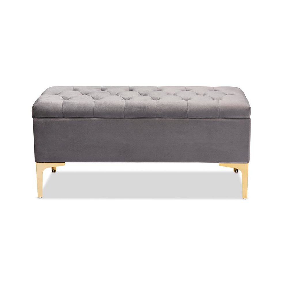 Luxe Grey Velvet Fabric Upholstered Gold Finished Button Tufted Storage Ottoman