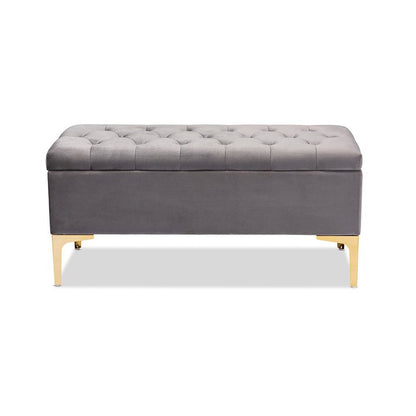 Luxe Grey Velvet Fabric Upholstered Gold Finished Button Tufted Storage Ottoman
